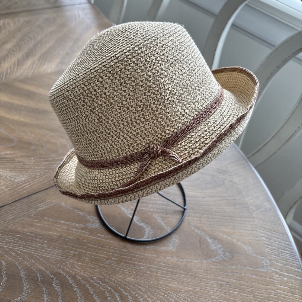 Made in Italy Paper Straw Cloche Hat Beige Brown Trim Bow Sun Hat RN 59478